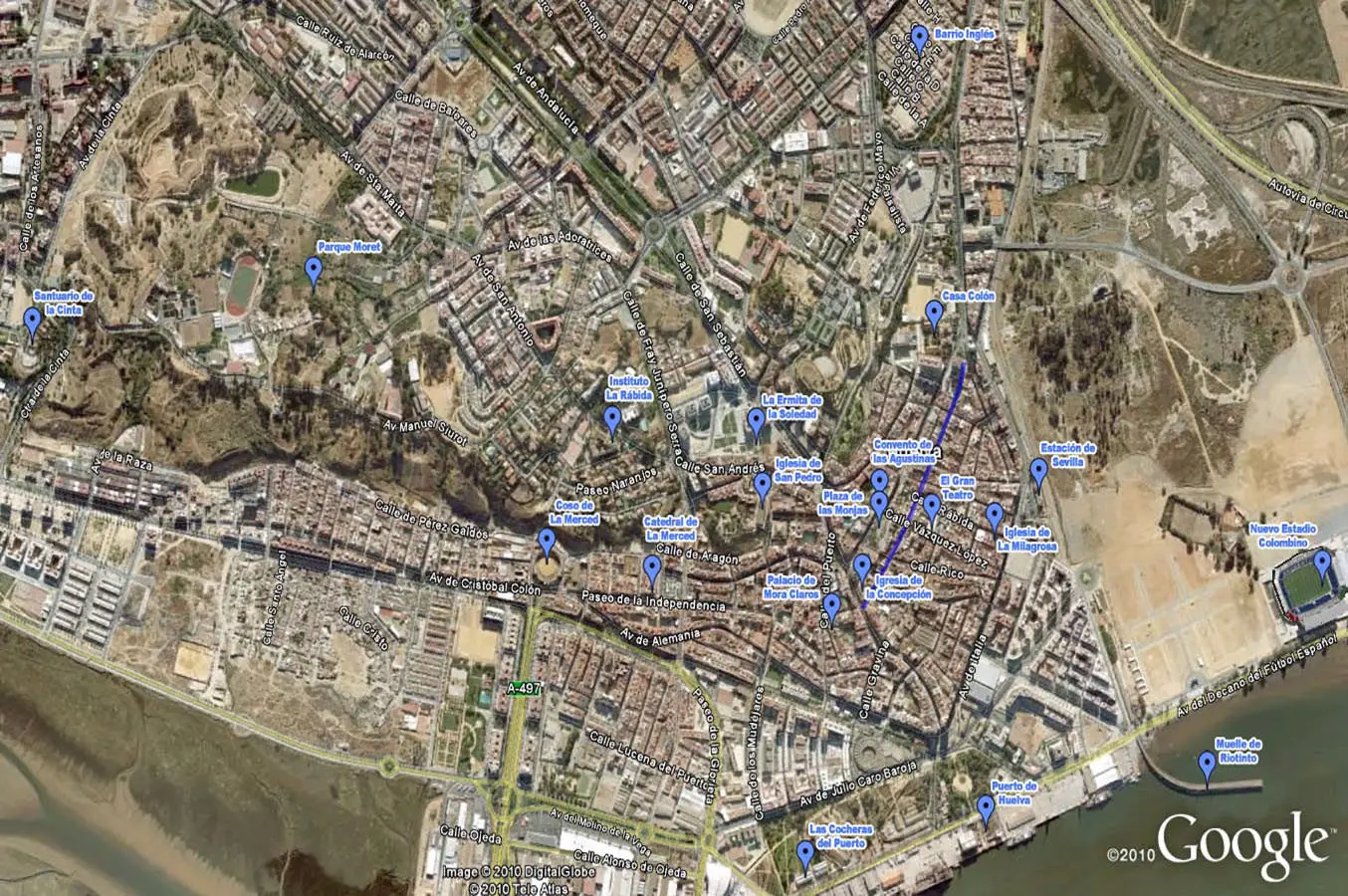 Mapa da rota do guia de áudio de Huelva